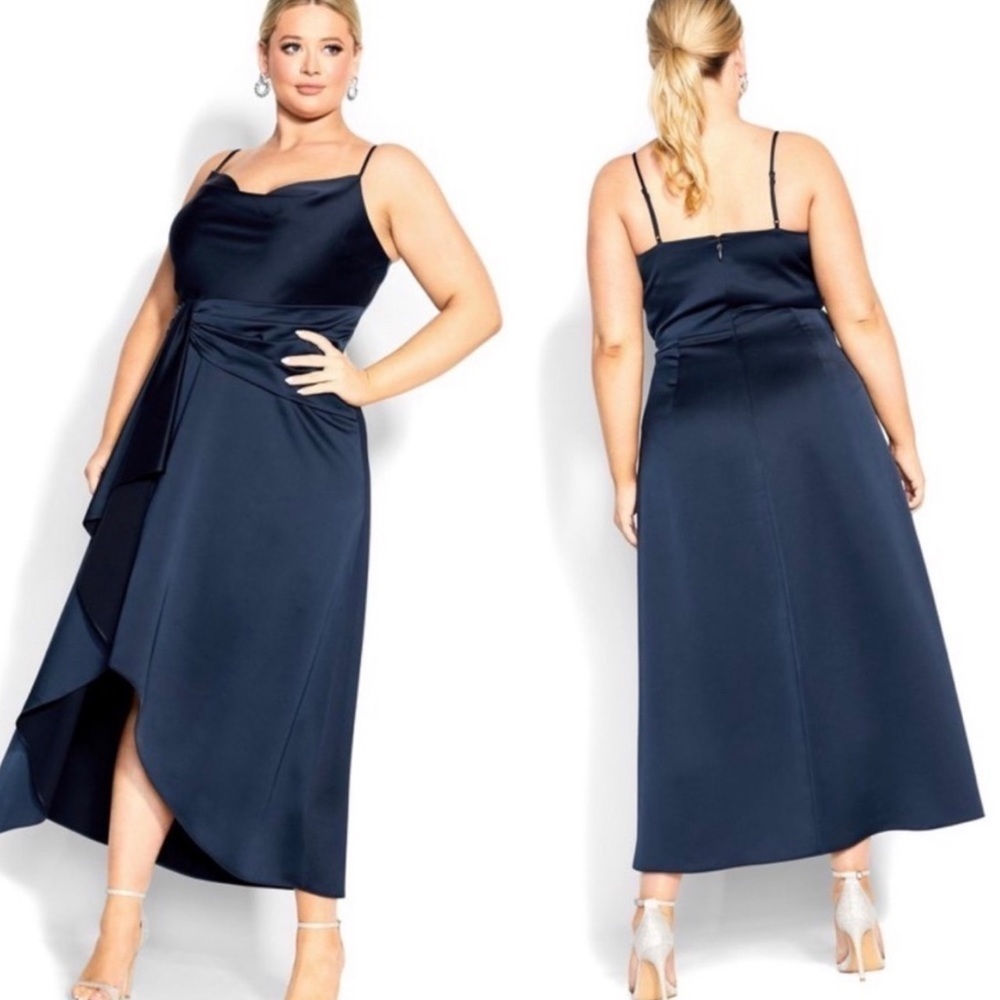 NWT City Chic Simplicity Satin Ruffle Sleeveless Midi Dress Navy